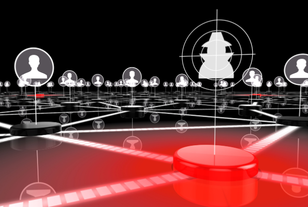 Black hat hacker hologram highlighted in red surrounded by other computer users.