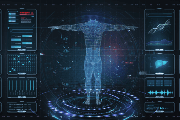 A futuristic digital interface with a holographic human figure surrounded by data visualizations, biometric information, and various charts.