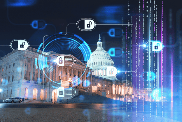 Digital cybersecurity graphics overlaid on the U.S. Capitol building at night, featuring padlock symbols and binary code, representing election security.