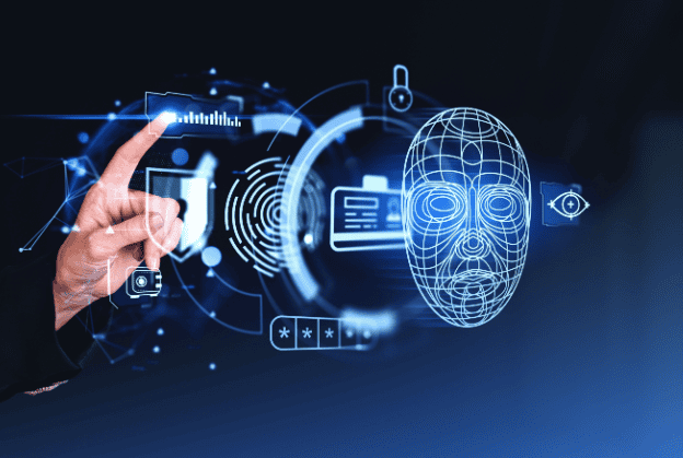 A hand interacts with a futuristic digital interface displaying biometric authentication elements, including a wireframe face, password fields, and security icons, symbolizing advanced cybersecurity technology.