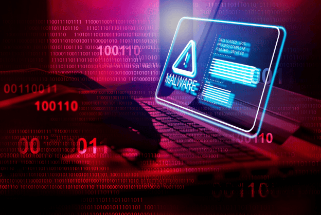 A laptop screen displays a malware warning with glowing digital elements, symbolizing a cybersecurity threat.