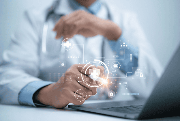 A doctor using a laptop with futuristic healthcare and cybersecurity digital icons overlayed, symbolizing secure digital health data and HIPAA compliance.
